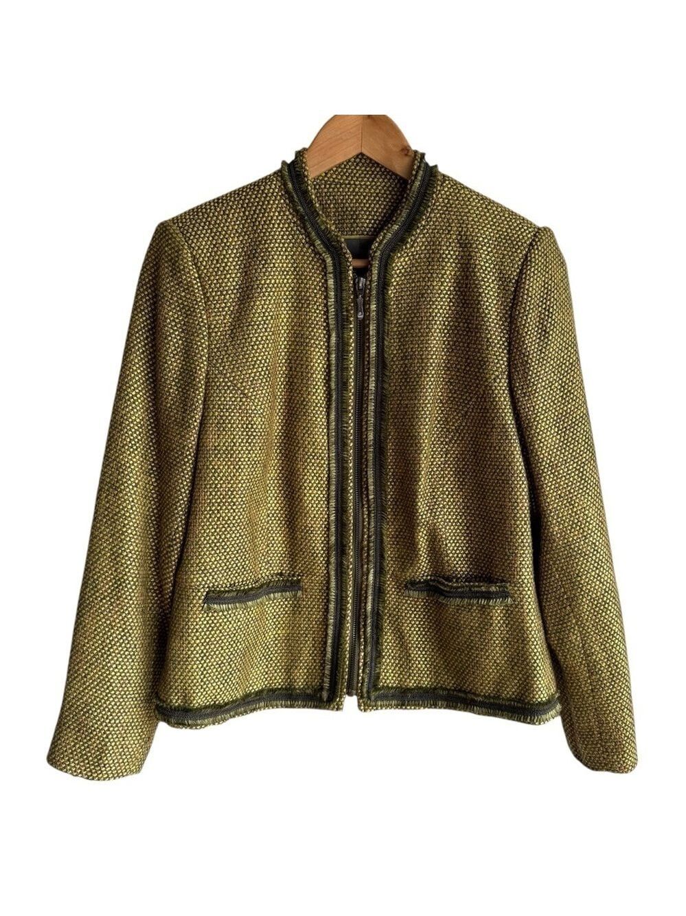 Tanjay Soft Knit Jacket Sz 8P Green Woven Jacquard Tweed Full Zip Textured Coat